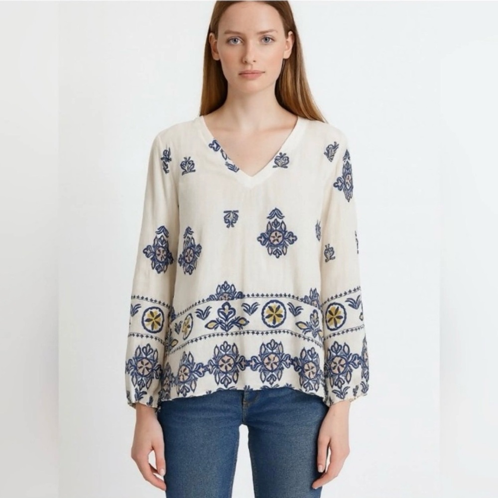 Francesca Bettini Boho V-Neck Linen Blouse Size L